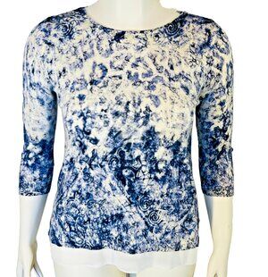 Chico's Sweater Tunic Womens S Blue Cream Abstract Roccoco Animal Print 3/4 Slve